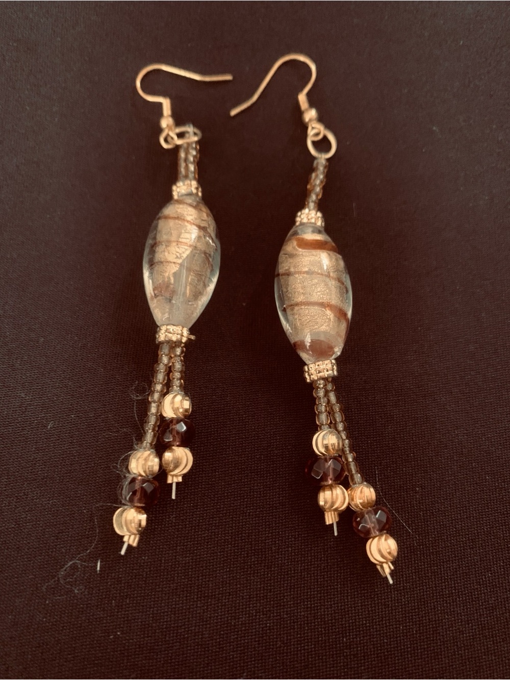 Handcrafted Gold and Brown Glass Bead Drop Earrings
